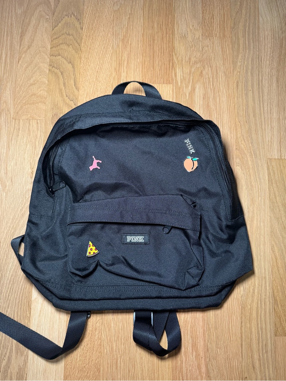 PINK Victoria's Secret Black Backpack with Playful Patch Accents MSRP $55